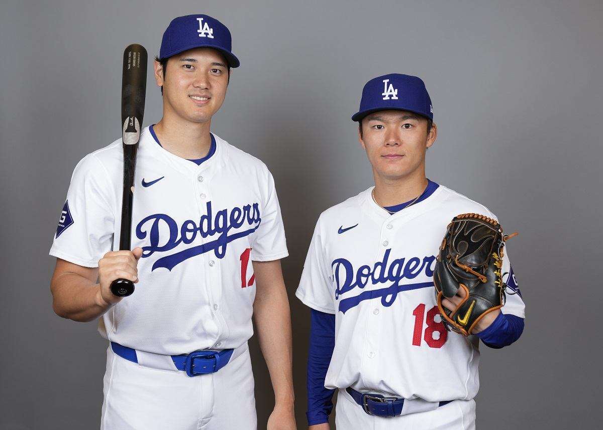 Shohei Ohtani, left, and starting pitcher Yoshinobu Yamamoto of the Los Angeles Dodgers baseball team.